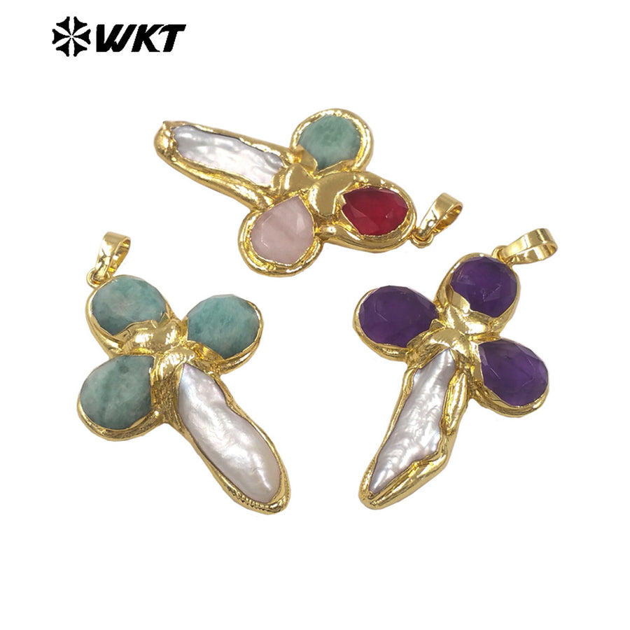 WT-JP382 Classic Cross Shape With Colored Natural Stone Pearl and 18k Gold Plated Pendant for Necklace Accessory