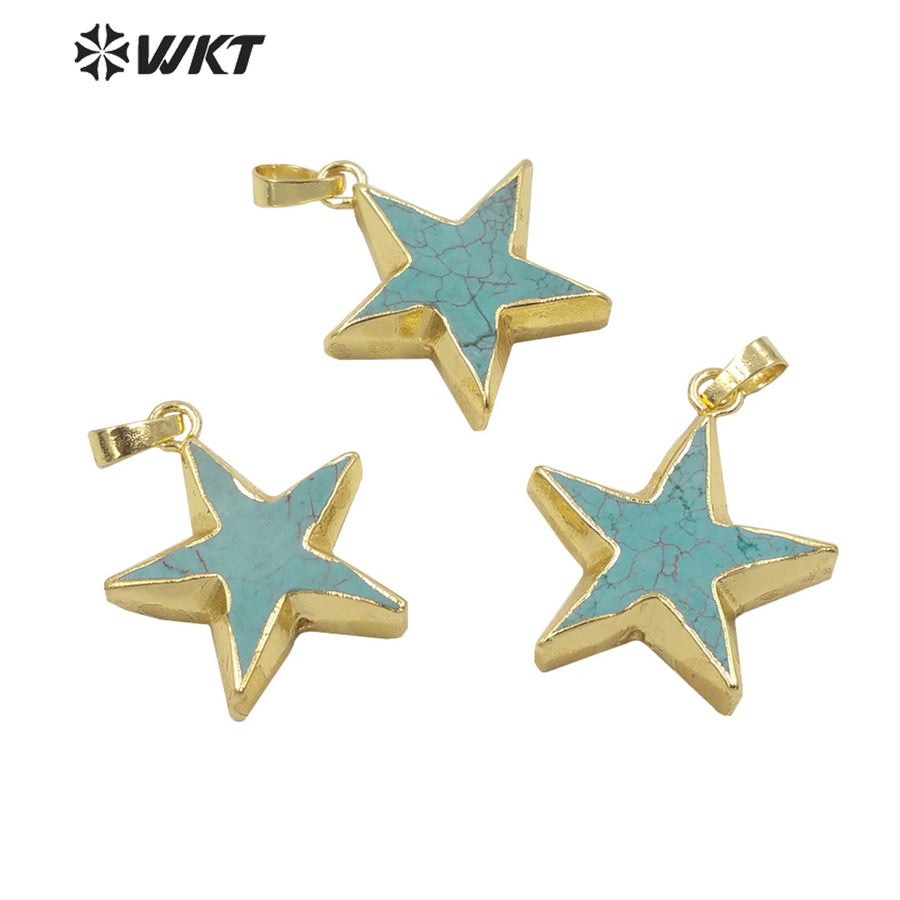 WT-P1718 Newest Fashion Popular Gold Trim Natural Turquoise Star Pendant Healing Series Hand Carved Stone Star Jewelry