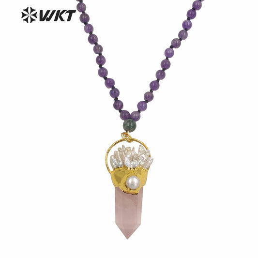 WT-N1243 Exclusive Design 8mm Round Amethyst Stone Necklace Women Winter Hot Pink Quartz Stone Big Chunky Pendant Necklace
