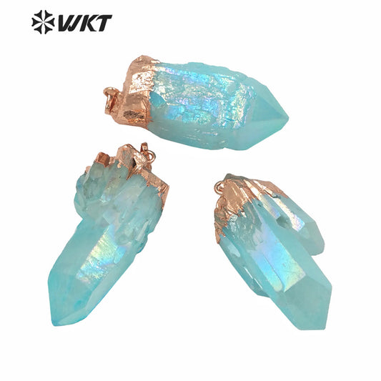 WT-P1610 Amazing Light Aqua Aura Crystal Pendant Women Fashion Rose Gold Spirit Quartz Point Aqua Stone Pendant in Natural