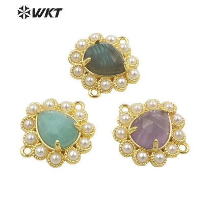 WT-PC008 Delicate Fashion 18K Real Gold Plated Resist Tarnishable Gemstone Carved Drop Pearl Connectors