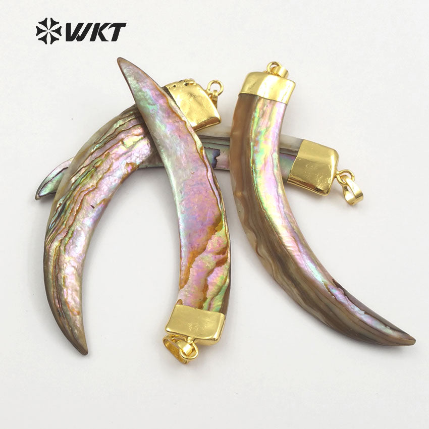 WT-JP063 Big Knife Shape Abalone Shell With Gold Capped Long Moon Women Stylish Necklace Pendant Natural Sea Shell Horn Pendant