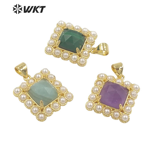 WT-JP357 Wholesale New Design Small Square Gemstone Carved Green Aventurine Claw Setting Women Necklace Stone Pendants