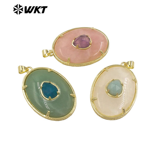 WT-P2066 Newest Gold Electroplated Colorful Natural Gemstones With Zircon Round Pendants As Handmade Necklace Findings