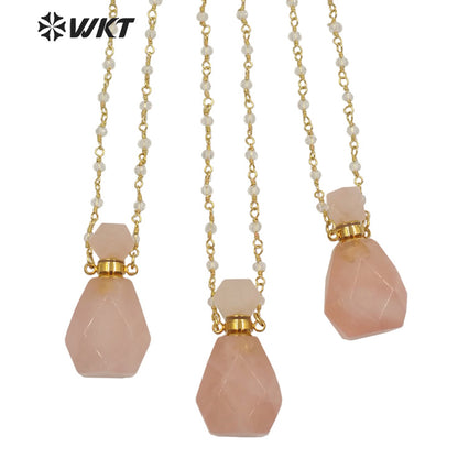 WT-N1269 Wholesale Lady Birthday Stone Perfume Bottle Necklace Gold Stainless Steel Metal Rose Quartz Stone Bottle Necklace