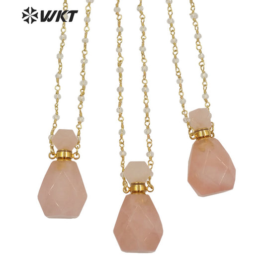 WT-N1269 Wholesale Lady Birthday Stone Perfume Bottle Necklace Gold Stainless Steel Metal Rose Quartz Stone Bottle Necklace
