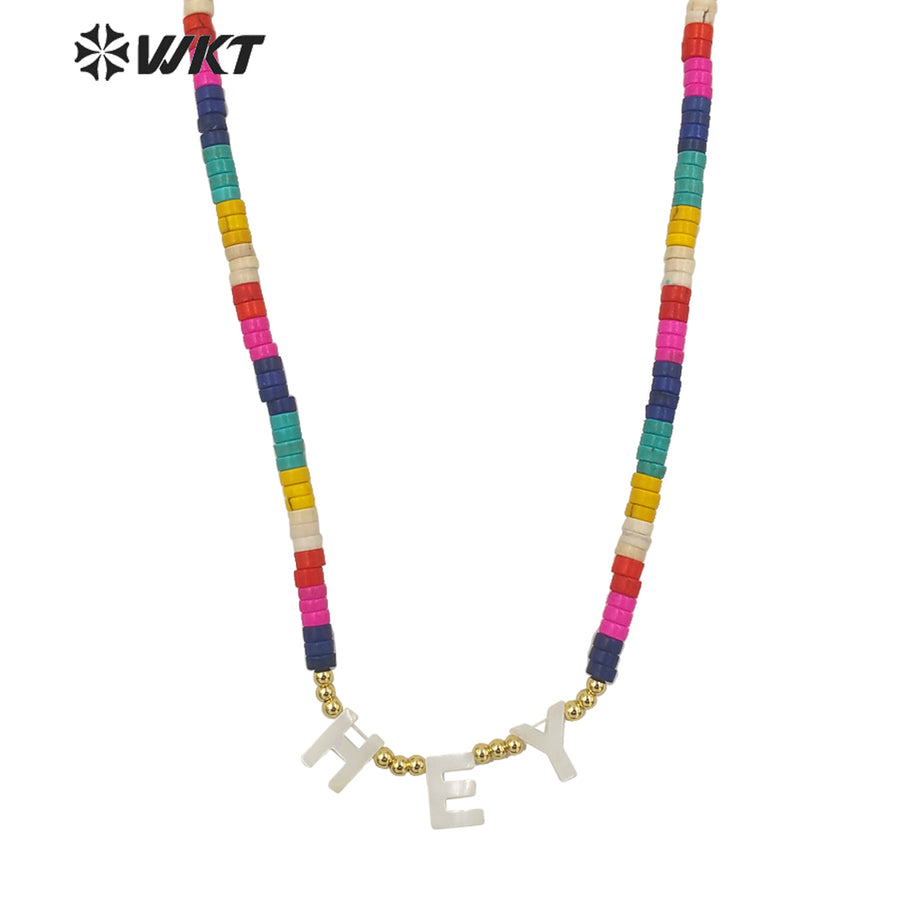 WT-JN159 Elegant Fashion Lady Colorful Turquoise Beads Necklace Vintage Bohemian Style 16 Inch Letters Charm Beads Necklace