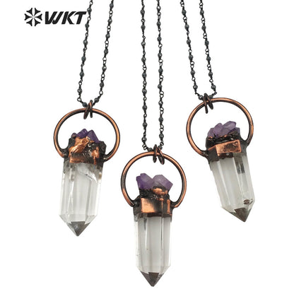 WT-N1263 Women Antique Copper Plated Crystal Quartz with Amethyst Necklace Boho Vintage Natural Quartz Point Necklace