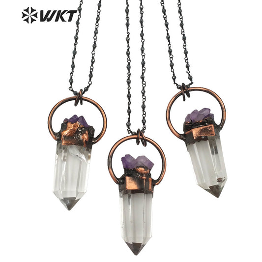 WT-N1263 Women Antique Copper Plated Crystal Quartz with Amethyst Necklace Boho Vintage Natural Quartz Point Necklace