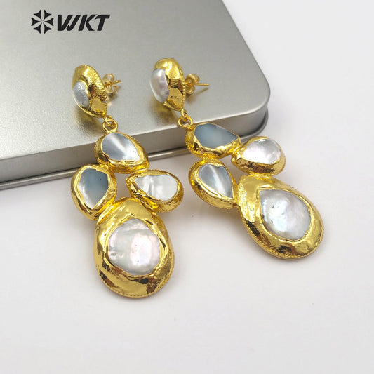 WT-E496 Gold Electroplated Pearl Jewelry for Wedding Jewelry Irregular Shape Pearl Drop Earring Freshwater Pearl Earring