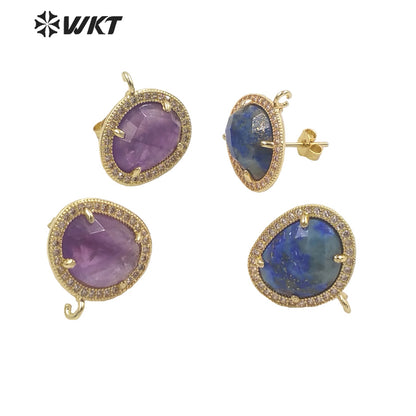 JFE80 Wholesale Fashion Gold Bezel 18k Electroplated Natural Stone Earring Studs Women Beautiful Precious Stone Earring Findings