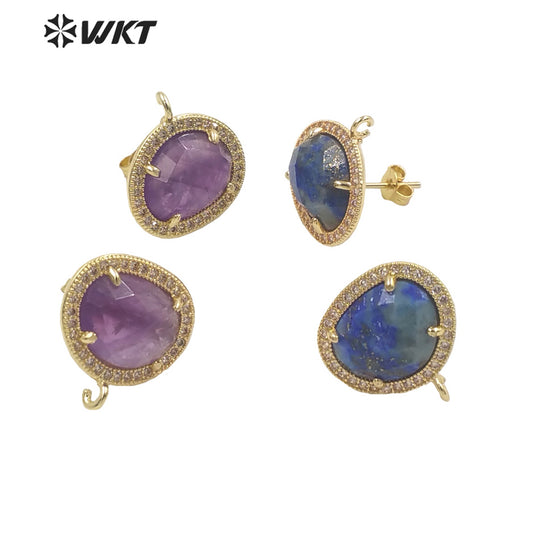 JFE80 Wholesale Fashion Gold Bezel 18k Electroplated Natural Stone Earring Studs Women Beautiful Precious Stone Earring Findings