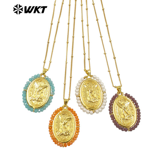 WT-MN990 Fashion Women 18K Real Gold Plated Oval Shape Crystal Wire Wrapped Guardian Angel Necklace for Christian