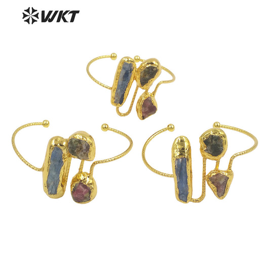 WT-B621 Gorgeous Fashion Triple Natural Stone Bangle Open Size Cuff Adjustable Kyanite Bangle Handmade Gold Anniversary Gift