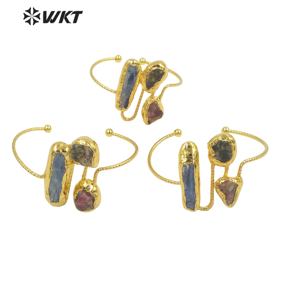 WT-B621 Gorgeous Fashion Triple Natural Stone Bangle Open Size Cuff Adjustable Kyanite Bangle Handmade Gold Anniversary Gift