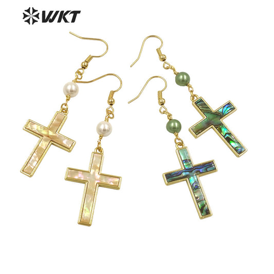 WT-MPE135 Wholesale Religious Christian Fashion Gold Bezel Setting Natural Shell Cross Pendant Earrings for Gift
