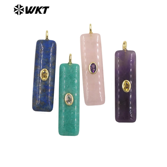 WT-P2019 Popular Fashion Rectangle Multi Color Natural Gemstones With Zircon Smooth Pendants For Romantic Jewelry DIY