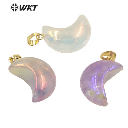 WT-P1708 Wholesale Fashion Elegant Natural Aura Gemstone Half Moon Jewelry Pendant Small Crystal Angel Moon Stone Pendant