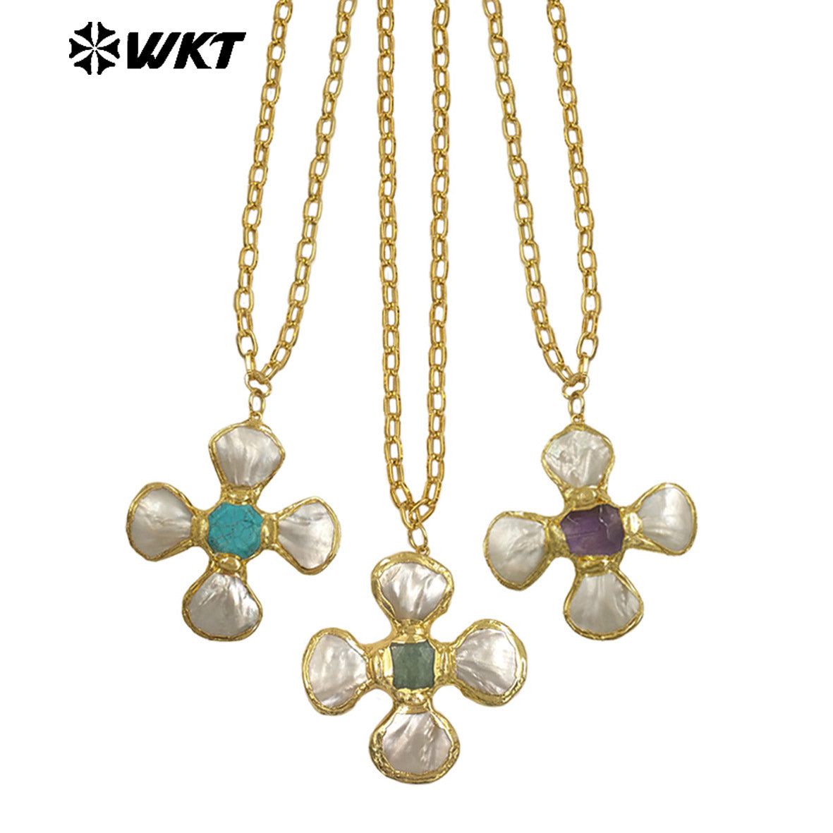 WT-JN346 Popular 18K Gold Plated Natural Turquoise Amethyst Stones And Shell Flower Shape Pendant Necklace As Party Jewelry