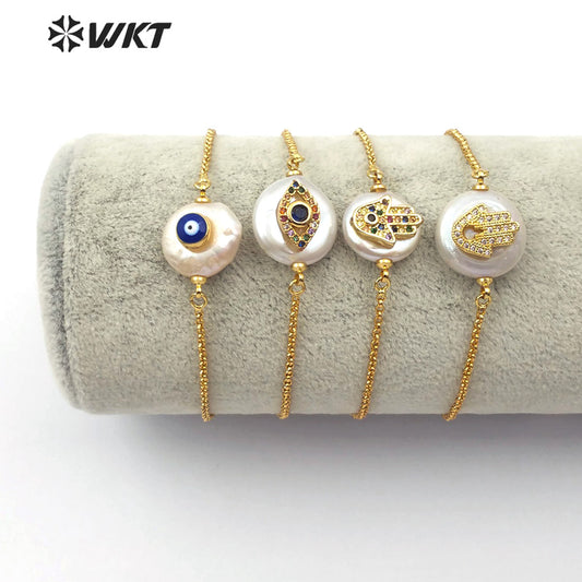 WT-MB111 Wholesale Pearl Gold Bracelet Pearl With CZ Stone Pave Eye Pattern and Hand Pattern Fashion Charm Bracelet