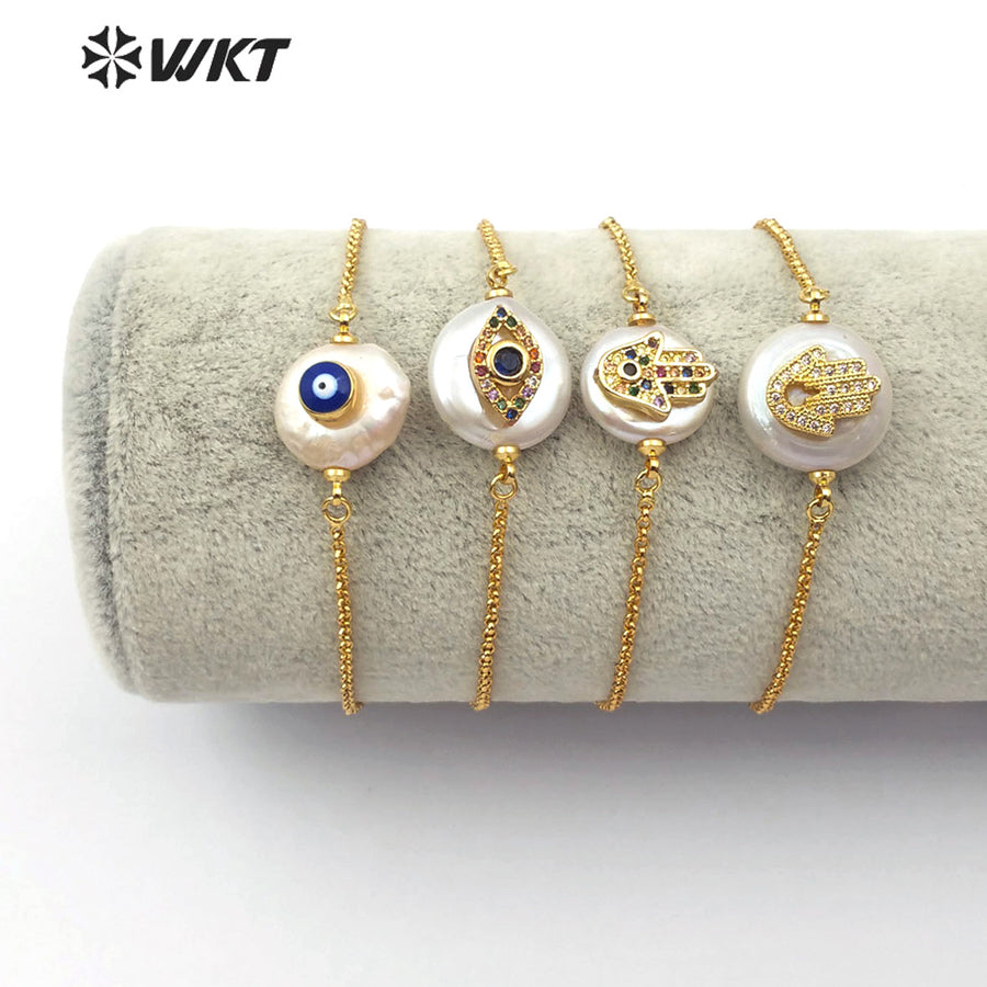 WT-MB111 Wholesale Pearl Gold Bracelet Pearl With CZ Stone Pave Eye Pattern and Hand Pattern Fashion Charm Bracelet
