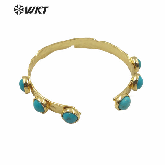 WT-B552 Hot Natural Turquoise Cuff Bangle Gold Electroplated No Fade Elegant Stone Bangle Boho Casual Vintage Bangle