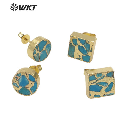 WT-E645 Wholesale Fashion Tiny 10mm Copper Turquoise Earrings Studs Lady Chick Gold Electroplated Stone Studs for Friends