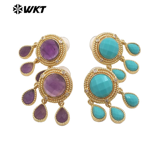 ME120 Wonderful Design Natural Gemstones Earrings With Zircon 18K Gold Plated Three Little Waterdrop Shape Stones Cute Jewelry