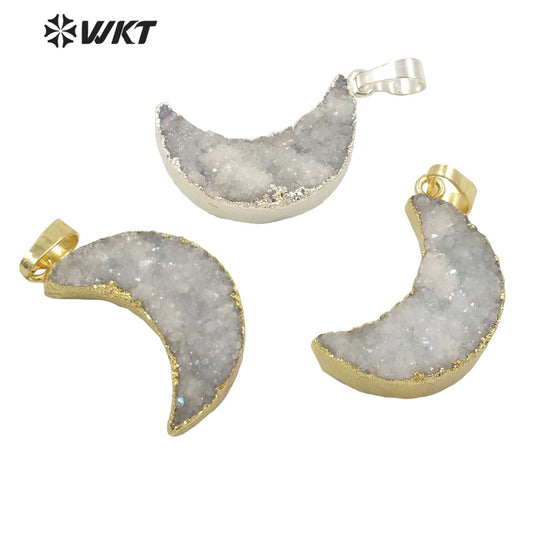 WT-P1706 Super Hot Natural Druzy Quartz Moon Pendant with Angel Color Fashion Women Jewelry Crescent Moon Stone Pendant