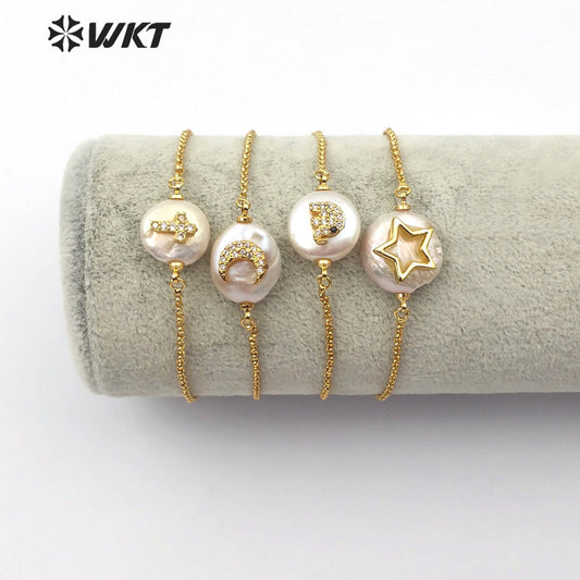WT-MB112 New Arrival Pearl Gold Bracelet CZ Pave Star and Elephant or Moon Pattern Women Fashion Charm Bracelet