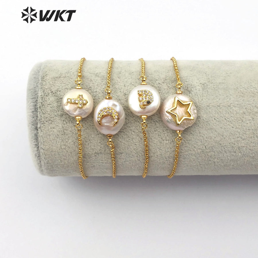 WT-MB112 New Arrival Pearl Gold Bracelet CZ Pave Star and Elephant or Moon Pattern Women Fashion Charm Bracelet
