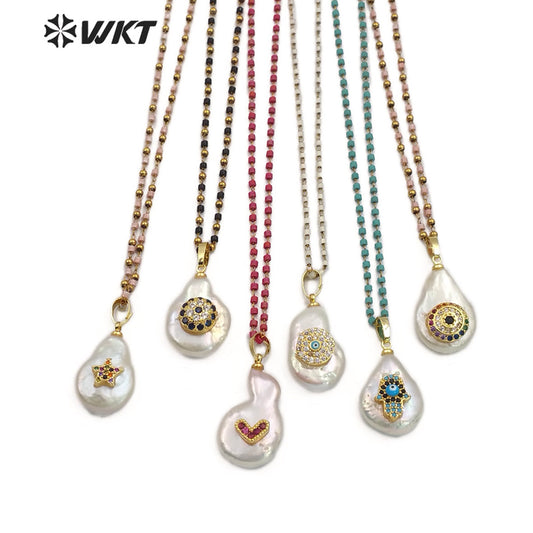 WT-MN952 Fashion Setting Irregular Shape Pearl with CZ Micro Pave Necklace Hot-sales Lady Natural Stones Necklace