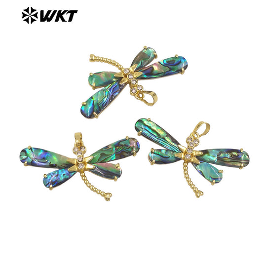 WT-JP438 Delicate 18K Gold Plated Natural Abalone Shell Dragonfly Shape Pendant For Ladies Beautiful Jewelry Handmade