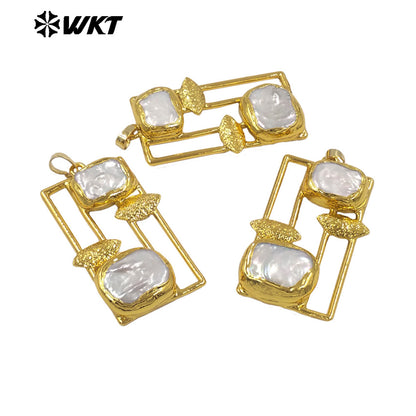 WT-JP434 Wonderful Gold Electroplated With Double Natural Freshwater Pearls Rectangle Pendant For Fashion Jewelry Handmade