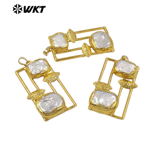 WT-JP434 Wonderful Gold Electroplated With Double Natural Freshwater Pearls Rectangle Pendant For Fashion Jewelry Handmade