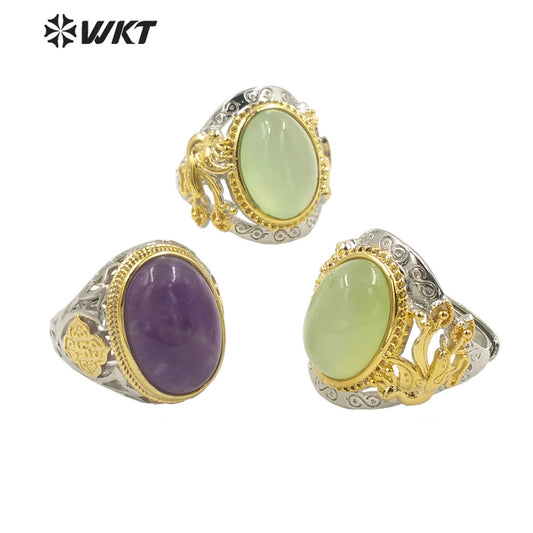 WT-R408 Noble Design Hollow Carved Flower Intricate Craft Rings Round Natural Amethyst Rings Adjustable Natural Stone Rings