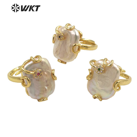 WT-MPR070 Gorgeous Trendy Fashion Natural Freshwater Pearl and Zircon Ring18k Gold Plating for Women Lucky Unique Design Ring
