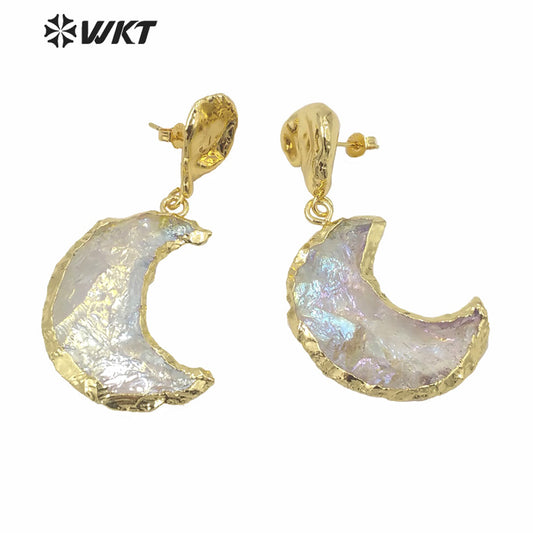 WT-E633 WKT Exclusive Natural Handmade Raw Crystal Quartz AURA Moon Earrings Fashion Gold Electroplated Raw Stone Star Earring