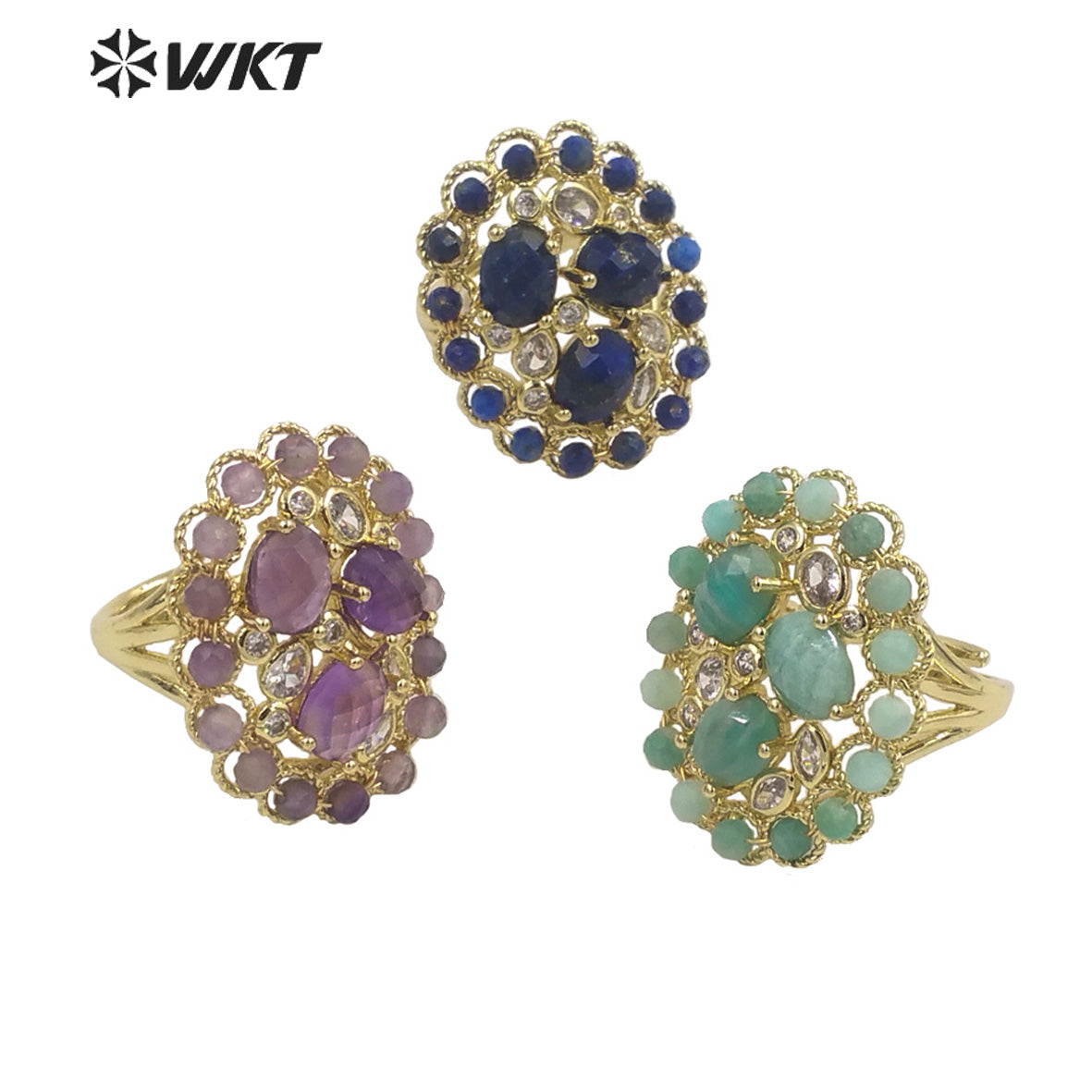 WT-R457 WKT New Design Fashion Gold Bezel Natural Stone by Claw Setting Ring Gorgeous Big Multi Real Stone Women Ring