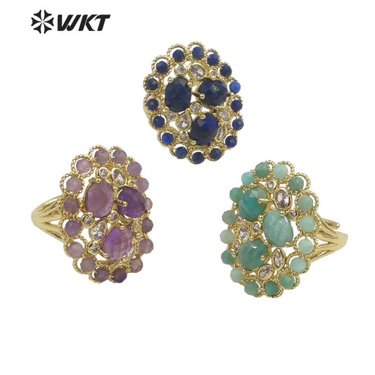 WT-R457 WKT New Design Fashion Gold Bezel Natural Stone by Claw Setting Ring Gorgeous Big Multi Real Stone Women Ring