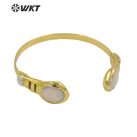 WT-MPB076 Fashion Freshwater Pearl Bangle 18k Real Gold Plated Double Pearl Gorgeous Delicate Women Bangle in Adjustable
