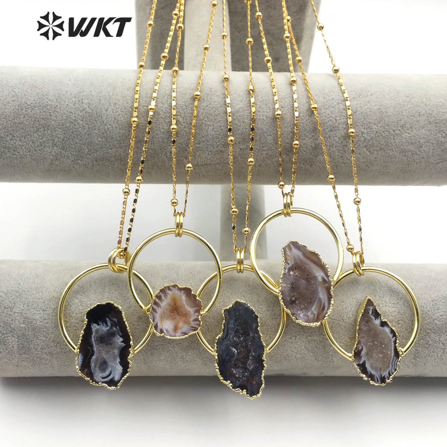WT-N1165 Natural Druzy Geode Agate Necklace Gold Plated Irregular Shape Stone Pendant Necklace Women Fashion Necklace Jewelry