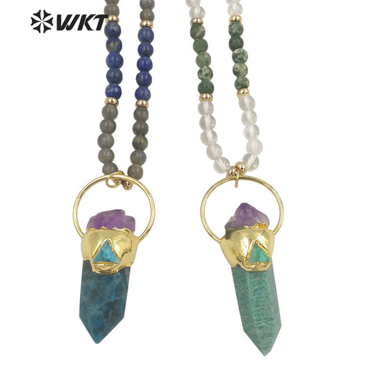 WT-N1337 WKT Powerful Energy Cylinder Shape Blue Apatite Amazonite Mix With Amethyst Long Beads Necklace Gemstones Beads Chain