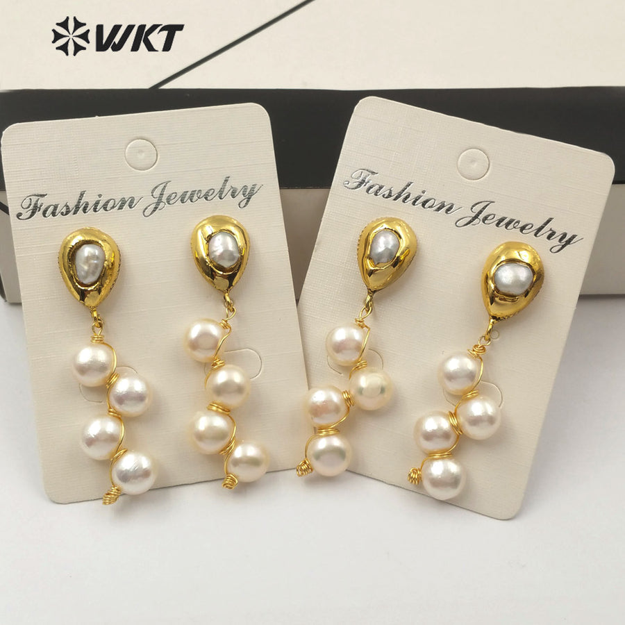 WT-E529 New Design Is Elegant and Beautiful Natural Freshwater Pearl Earring in Gold Plated With Four Little Round Pearl Earring