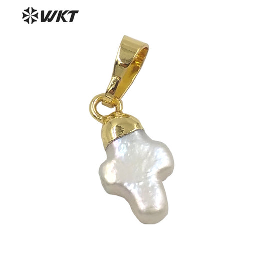 WT-JP246 WKT Newest Natural Freshwater Pearl Cross Pendant Fashion Lady Gold Top Single Loop White Pearl Charm Pendant in Cross
