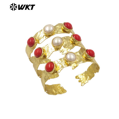 MPB109 Amazing Gorgeous Fashion Bohemian 18K Real Gold Plated Triple Stone Pearl and Coral Round Shape Women Jewelry Bangle
