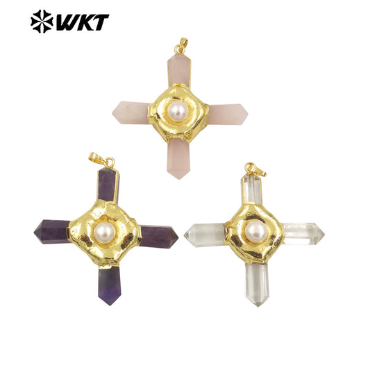 WT-P1967 Wholesale Fashion Gold Plated Cross Healing Energy Gemstone Point Anchor Pendants Special Rose Quartz Jewelry