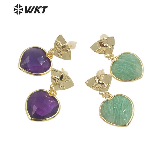 WT-E680 WKT Newest Fashion Small Lovely Heart Earrings Studs Gold Plated Natural Gemstone Women Stone Earrings