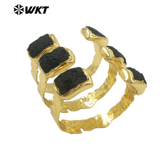 WT-B664 Wholesale Fashion Double Black Stone Adjustable Natural Meteorite 18K Real Gold Plated Jewelry Energy Bangle