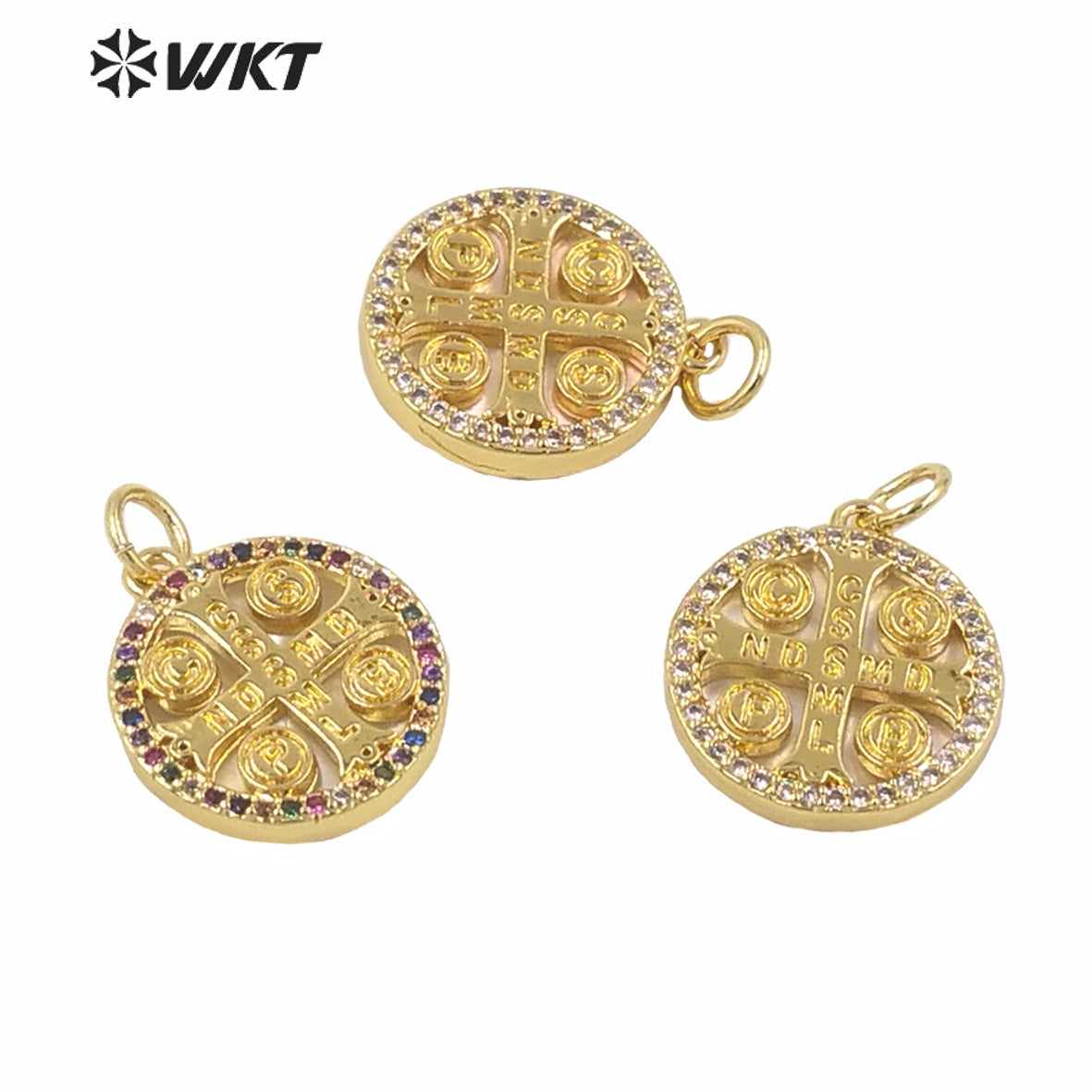 WT-MP154 New Hot Sales Gold Electroplated Round Tiny Religious Cross Pendant Women Fashion Jewelry Round Jesus Cross Pendants